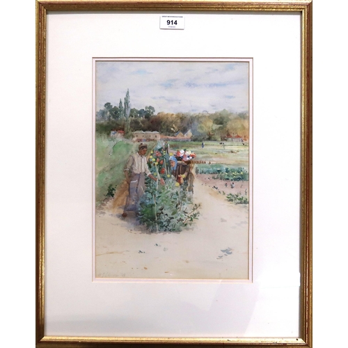 914 - CHARLES JAMES LAUDER (SCOTTISH 1841-1920) THE FLOWER GATHERERS Watercolours, signed lower ... 