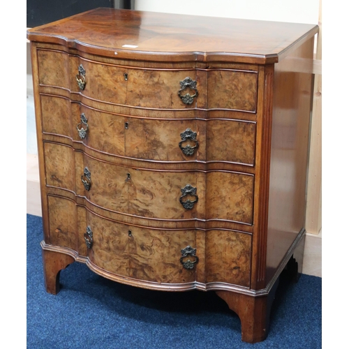 12 - A 19th century walnut veneered serpentine front four drawer chest on bracket feet, 86cm high x 77cm ... 