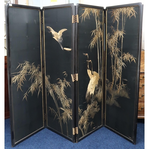 22 - An early 20th century Oriental tapestry four fold room divider with ebonised frame, each panel, 171c... 