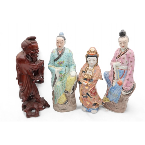 230 - A collection of oriental ceramics including porcelain figures, a Japanese geisha figure (af), a carv... 