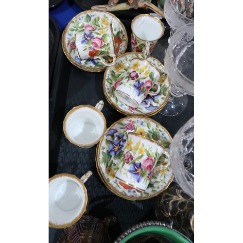 267 - Six Walsh vine etched glasses, Hammersley demitasse cups and saucers, a tortoise table bell etc
