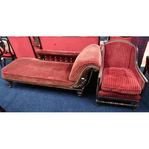 36 - A lot comprising a Victorian walnut framed chaise longue with spindle back on turned supports, 72cm ... 