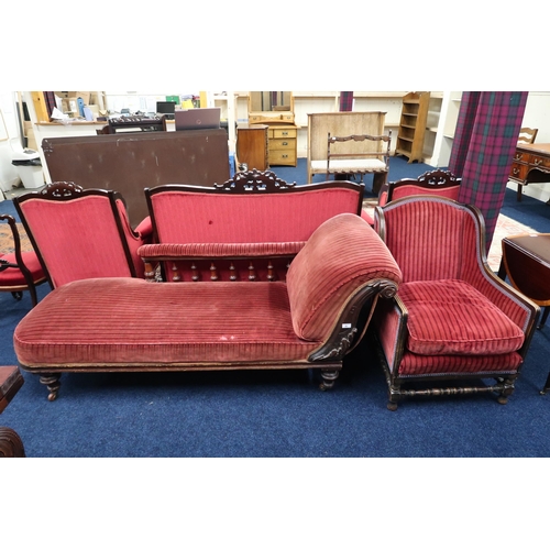 36 - A lot comprising a Victorian walnut framed chaise longue with spindle back on turned supports, 72cm ... 