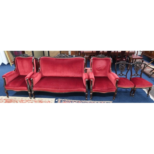 38 - A Victorian mahogany framed parlour suite consisting two seater settee, 101cm high x 139cm wide x 60... 