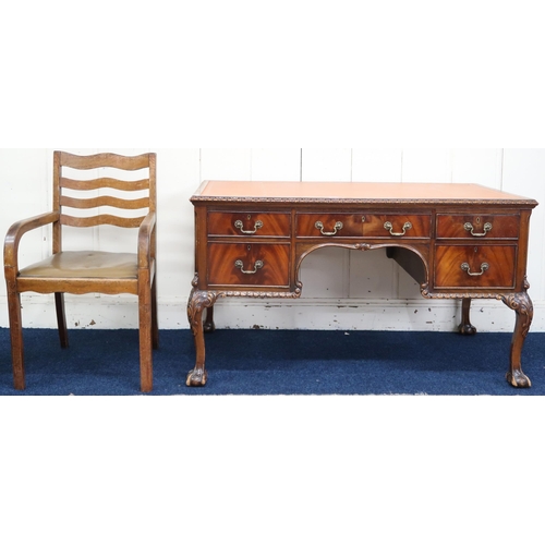 4 - A lot comprising a 20th century mahogany desk with embossed writing skiver over central drawer flank... 