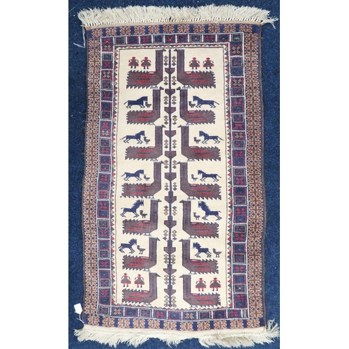 43 - A cream ground tribal style rug with geometric patterned ground within multicoloured border, 147cm l... 