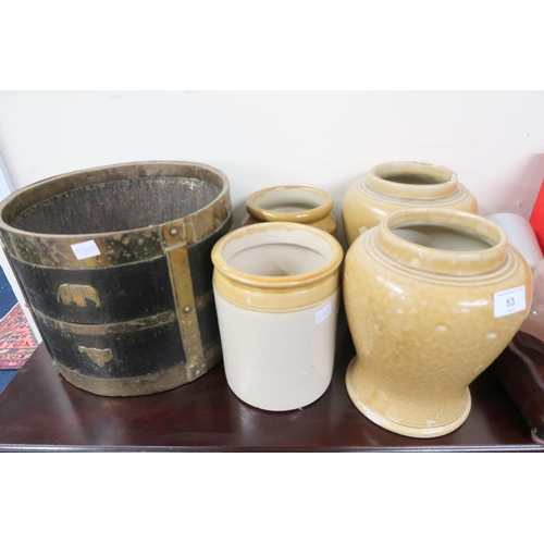 53 - A large mixed lot to include brass bound bucket, two pairs of stoneware jars, four assorted table la... 