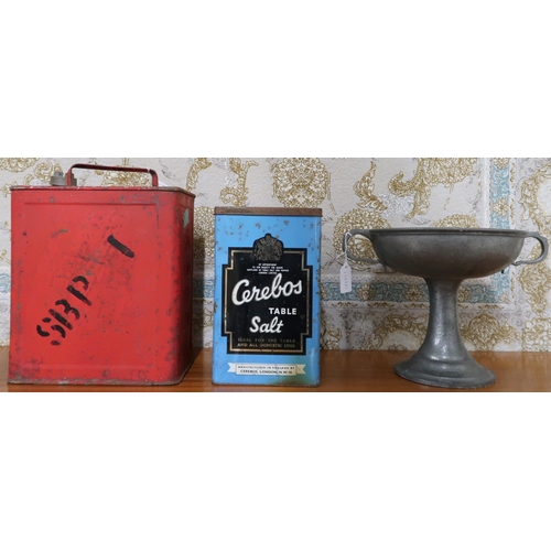 63 - A lot comprising a SM & BP petrol canister, Cerebos table salt advertising tin, vintage McEwan's... 