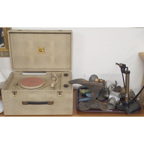 113 - A mixed lot comprising His Masters Voice portable gramophone, cast iron shoe lasts, door handles, ta... 