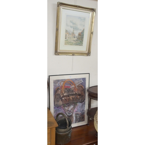 118 - A lot comprising a gilt framed watercolour, another framed artwork and two small log/coal buckets (4... 