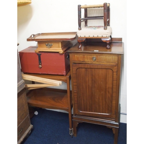 126 - A large mixed lot to include mahogany single door side cabinet, two small assorted footstools, two t... 