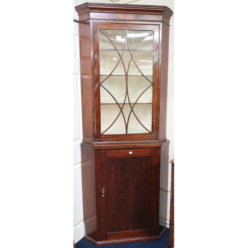 13 - A late Victorian mahogany corner cabinet with glazed single door top on married single door base, 20... 