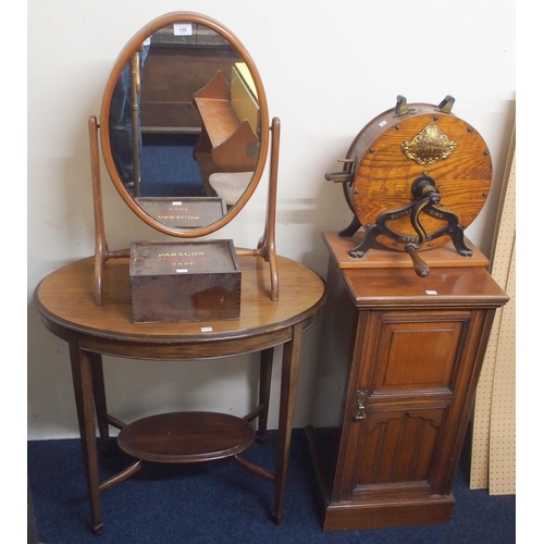 130 - A mixed lot to include a Spong & Co London knife sharpener, single door bedside cabinet, oval tw... 