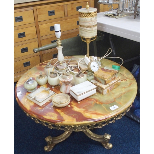 136 - A lot comprising a 20th century alabaster topped circular occasional table, two assorted alabaster t... 