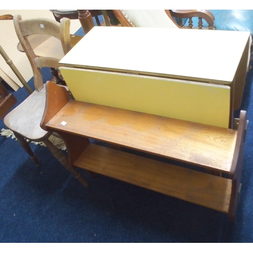 141 - A lot comprising a mid 20th century Formica drop leaf kitchen table, 74cm high x 75cm deep x 121cm l... 