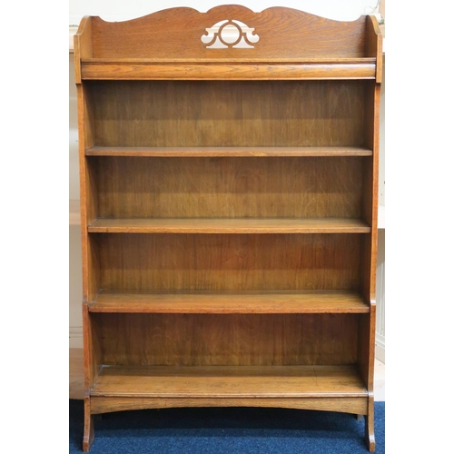 2 - An early 20th century oak open bookcase with fret cut top over four open shelves, 146cm high x 90cm ... 