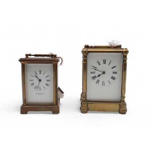 200 - A Whytock & Sons brass carriage clock, 11cm high, and another brass carriage clock, 14cm high
