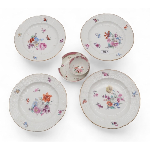 202 - A set of four Meissen style dessert plates, of lobed form, decorated with floral sprays, and an 18th... 