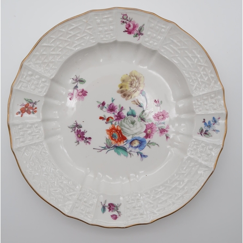 202 - A set of four Meissen style dessert plates, of lobed form, decorated with floral sprays, and an 18th... 