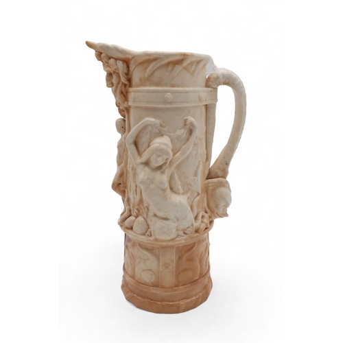 205 - A Royal Worcester blush ivory ewer, the body with decoration of naiads,&nbsp; the spout modelled as ... 