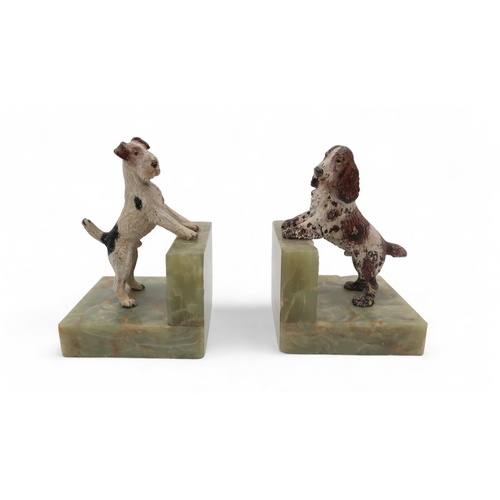 209 - A forum 8 days carriage clock, a pair of cold painted bronze onyx dog bookends, a cold painted bronz... 