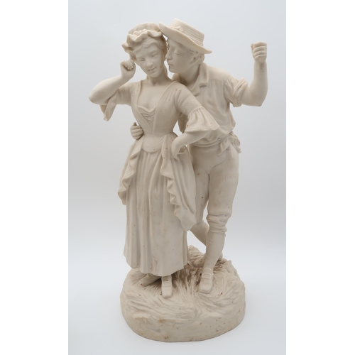 214 - A Parian figure of a man feeding his dog, 37cm high, another of a courting couple, 49cm high, and a ... 
