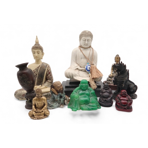 232 - A collection of Buddha statues, a silvered brass example, resin examples, a Japanese bronze vase (af... 