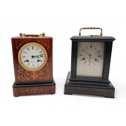 238 - A French marquetry rosewood carriage clock, by Henry Marc of Paris, 21cm high, another ebonised Fren... 