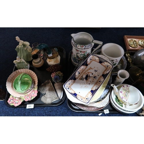 251 - A large Beswick Mallard duck, two Clarice Cliff moulded flower plates, two Royal Doulton figures, a ... 