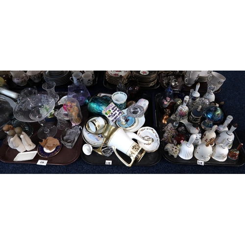 258 - A collection of bells, a glass toadstool with white metal frog, assorted decorative glass, other cer... 