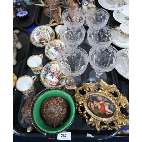 267 - Six Walsh vine etched glasses, Hammersley demitasse cups and saucers, a tortoise table bell etc