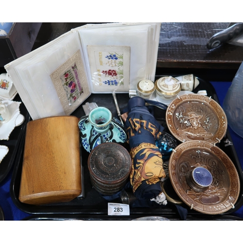 283 - A collection of silk cards, a pair of Wade Wagon Train dishes depicting Flint Mccullough and Seth Ad... 