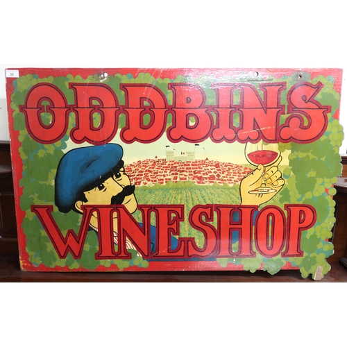 32 - A 20th century double sided painted Oddbins wine shop advertising sign, 67cm high x 106cm wide ... 