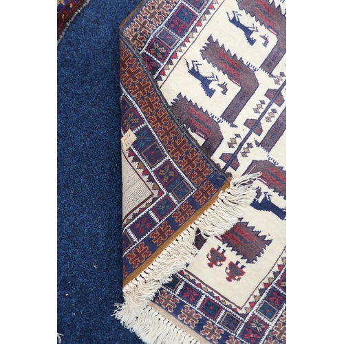 43 - A cream ground tribal style rug with geometric patterned ground within multicoloured border, 147cm l... 