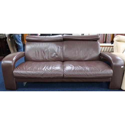 49 - A 20th century after Ake Fribytter two seater chocolate leather upholstered settee, 90cm high x 214c... 