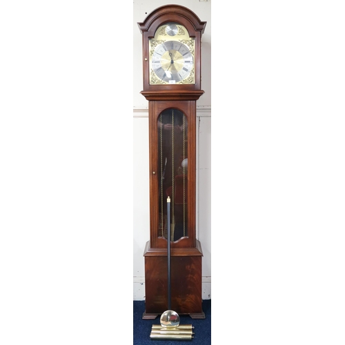 5 - A 20th century mahogany cased Tempus Fugit longcase clock with silvered dial bearing Roman numerals,... 