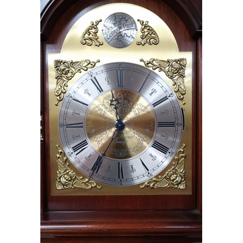 5 - A 20th century mahogany cased Tempus Fugit longcase clock with silvered dial bearing Roman numerals,... 