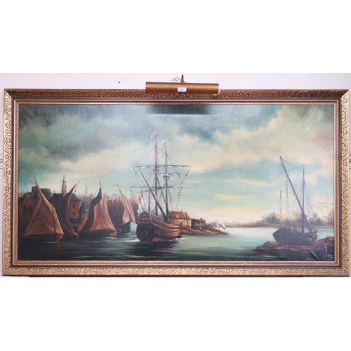 6 - A gilt framed oil on canvas depicting French ships at harbour, 92cm high x 171cm wide