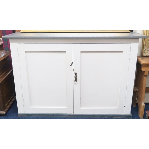 74 - A 19th century two door cabinet with grey painted top over pair of white painted panel doors on grey... 