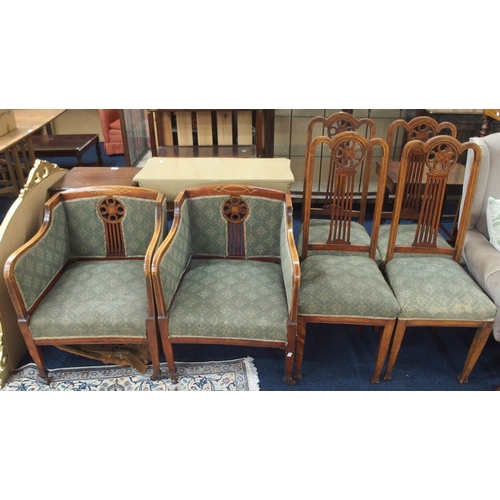 89 - A Victorian part parlour suite consisting a pair of mahogany and satinwood inlaid armchairs and a se... 