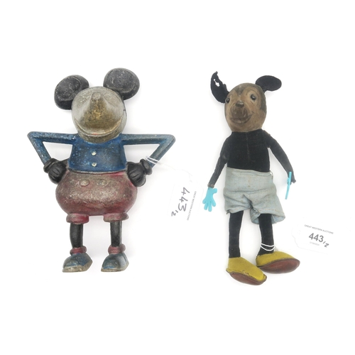 443 - An early velvet Mickey Mouse, sporting blue shorts and yellow leather-soled shoes, with later replac... 