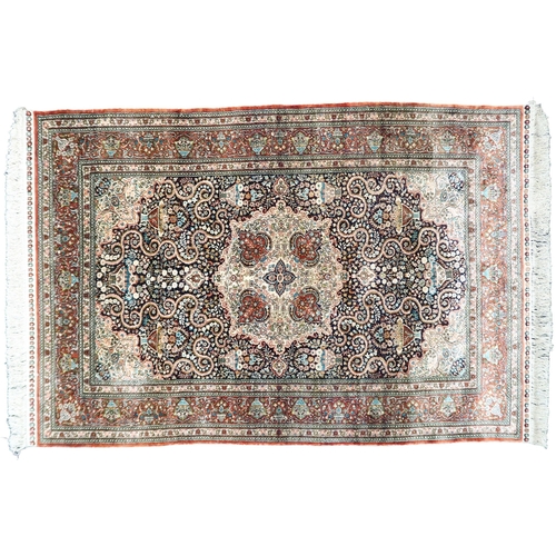 2178 - A DARK BLUE GROUND CHINESE FINE SILK RUG with cream central medallion and matching spandrels on flor... 