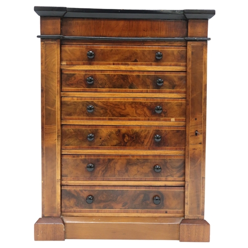 2010 - A VICTORIAN WALNUT VENEERED APPRENTICE STYLE WELLINGTON CHEST with inverted breakfront cornice over ... 