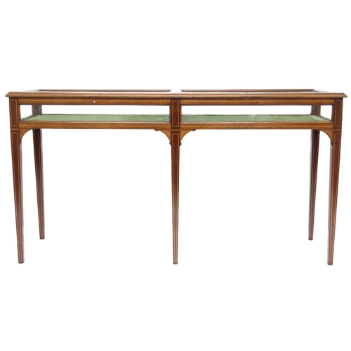 2017 - AN EDWARDIAN MAHOGANY  BIJOUTERIE TABLE with glazed hinged top and sides concealing green velvet lin... 