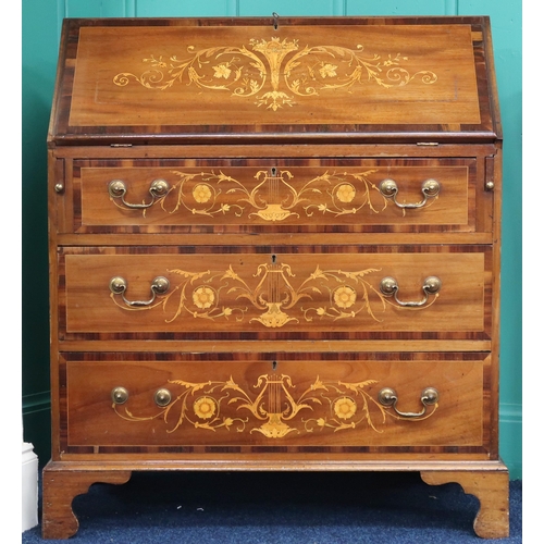 1 - A 19th century mahogany and fruitwood marquetry inlaid fall front writing bureau, 97cm high x 84cm w... 