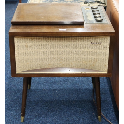 101 - A lot consisting a mid 20th century Philco record player/radio tuner, tiled top coffee table and fou... 