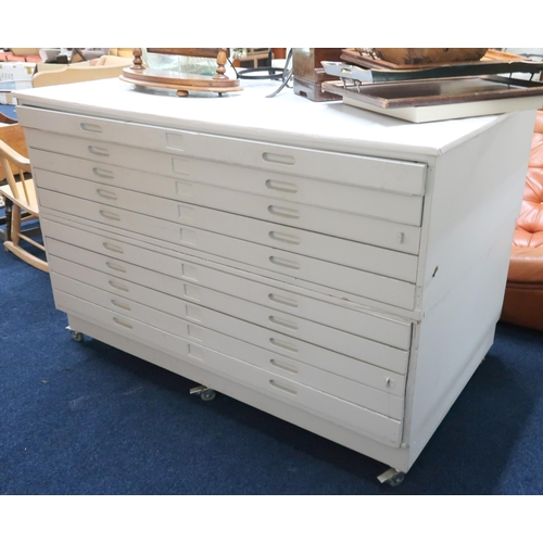 107 - A mid 20th century white painted ten drawer plan chest with inset handles, 98cm high x 148cm wide x ... 