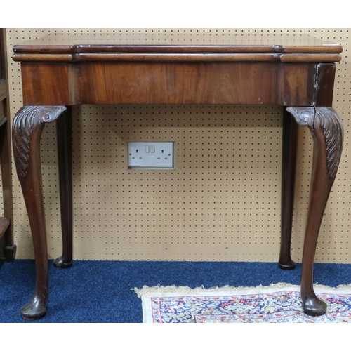 11 - A 19th century mahogany fold-over card table with shaped top on cabriole supports, 73cm high x 80cm ... 