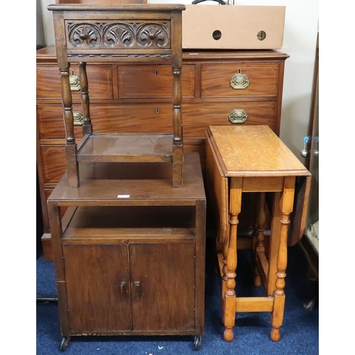 123 - A lot comprising a 20th century oak single drawer side table, mahogany record cabinet and an oak dro... 