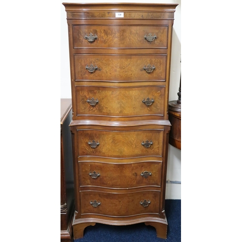 130 - A 20th century mahogany veneered serpentine front six drawer chest on chest, 133cm high x 55cm wide ... 